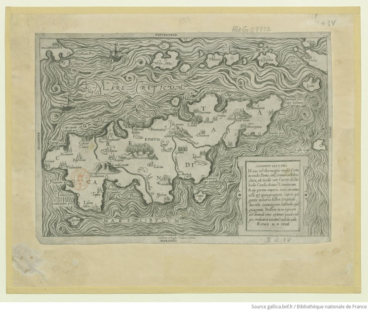 1559 Candido lectori. Haec est illa insignis insula Creta in medio ponto sita... hodie Candia cujus circuitus octo et quinquaginta supra quingenta miliaria habet.jpeg